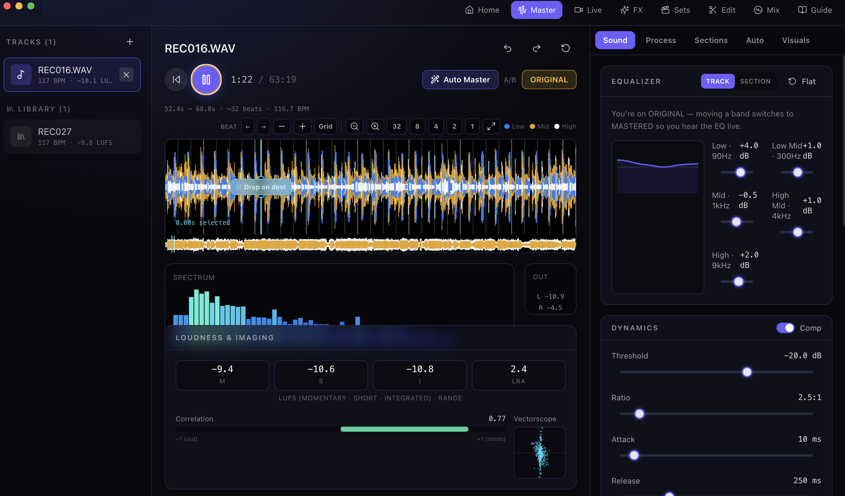 MasterTrackPro mastering a DJ set — waveform, EQ, loudness meters, and library